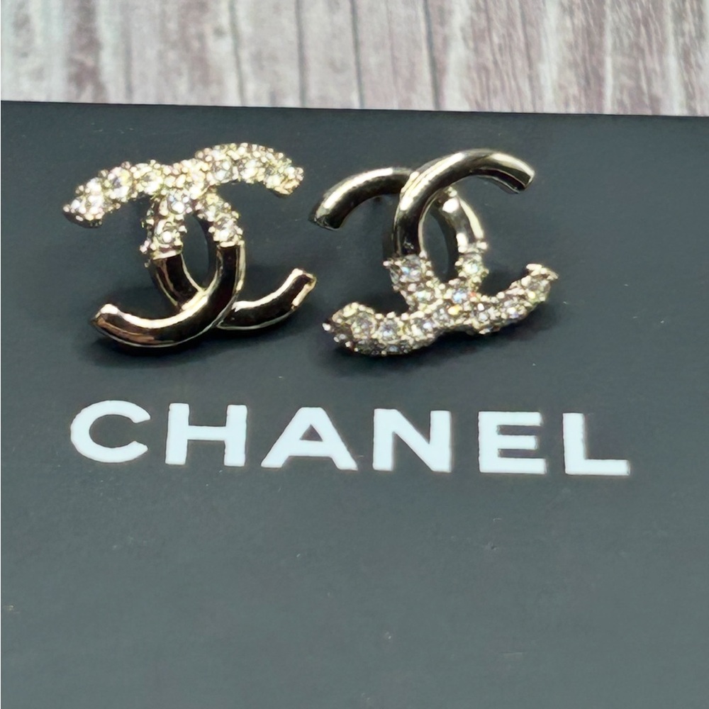 CHANEL Silver CC Rhinestone Accent Pierced Stud Earrings + Box & Bag - Picture 4 of 15
